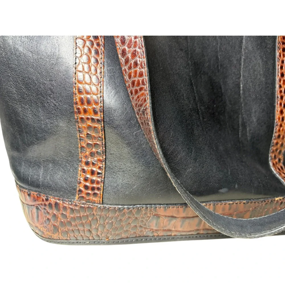 Brahmin Vintage Black Leather Croc Embossed Trim Tote Shoulder Bag Brown Accents
